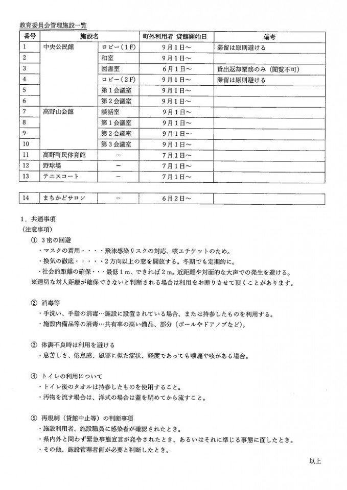 新型コロナウイルス感染拡大防止に係る教育委員会管理の公共施設の利用制限状況と注意事項について
